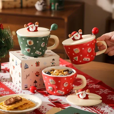 Santa Claus Figurine Lid Christmas Coffee Mug Ceramic Hand Painted Cute Novelty Adorable Merry Holiday Home Office