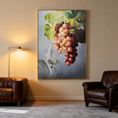 Wall Painting Wabi Sabi Still Life Grapes and Birds Hand Painted Oil Painting Nature Scene Heavy Texture Wall Art for Home
