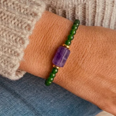 High Quality Handmade Design Fashion Green Agate Jade Beaded Bracelet Stainless Steel Purple Amethyst Gemstone Charm Bracelet