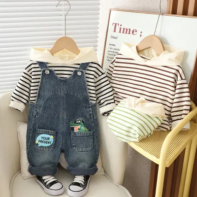 Boys' Casual Striped Dinosaur Strap Pants Suit New Western Style Soft Shell Autumn Wear for Kids Gift Boxed Clothing