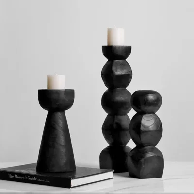 Black Polished Carbonized Wood Geometric Candle Holder Creative Home Decor for Living Room Study Desktop Ornament Craft Item