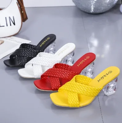 Summer 2024 New Style Woven Cross-strip Crystal Square-toe Women's Heeled Sandals