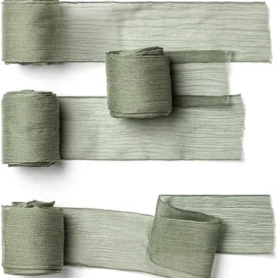 1 Inch 1 1/2 Inch Colourful Handmade Sage Green Sheer Faux Silk Ribbon Pleated Chiffon Ribbon for Wedding Bouquet Decoration