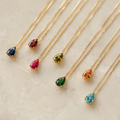18K Gold Plated Teardrop Birth Stone Pendant Necklace Stainless Steel CZ Zircon Gemstone Diamond Birthstone Charm Necklace