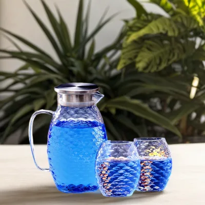 Creative Fish Scale Design High Borosilicate Glass Water Pot and Cups Set Stainless Steel Lid Iced Tea Juice Pitcher