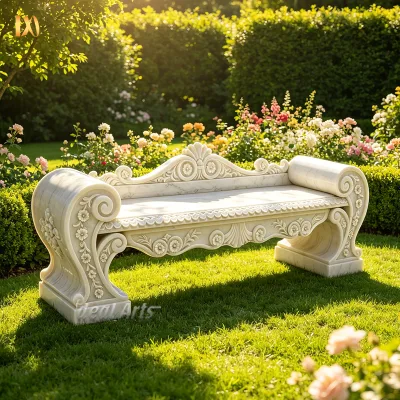 Elegant Classical Ornate White Marble Bench with Curved Arms & Floral Carvings