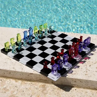 Colorful Acrylic Chess Set Black White Checker Board Rainbow Transparent Chess Pieces Modern