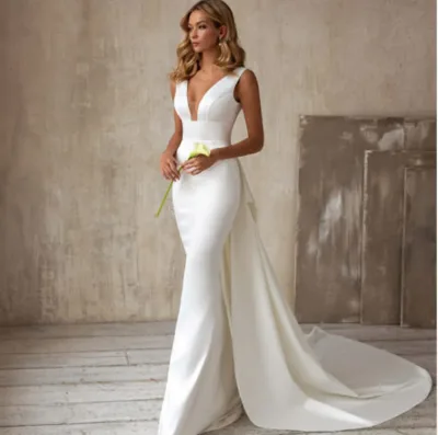 Light Wedding Dress Simple French Satin Hepburn Trailing New Bride Korean Style Puff Sleeve White Wedding Dress