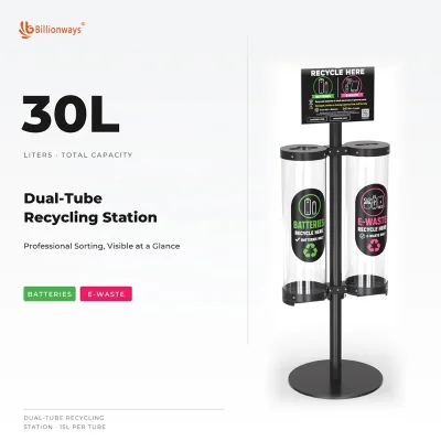 Dual Tube Floor Standing Recycling Bin 30L Battery E-Waste Sorting Station with A4 Sign Frame and Lockable Drawer Base