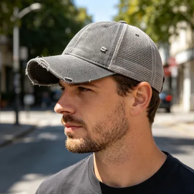 Special Frayed Ripped Brim Design Washed Cotton Front Mesh Back Low Profile Sun Visor Cap for Men Distressed Custom Trucker Cap