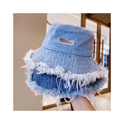 Womens Spring Summer Thin Washed Distressed Raw Edge Denim Fisherman Hat Outdoor Beach Travel Large Brim Sunscreen Bucket Hat