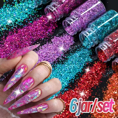6 Jars Aurora Opal Broken Glass Nail Glitter Flakes Irregular Holographic Confetti Sequins DIY Nail Resin Craft Supplies