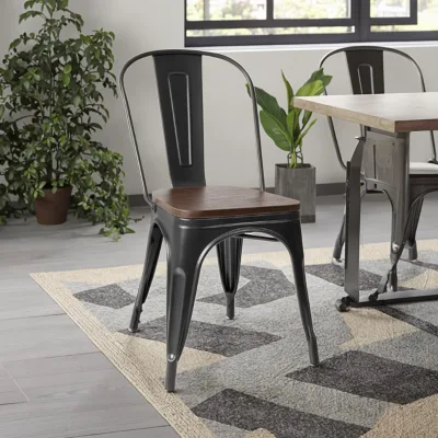 Industrial Vintage Stackable Metal Chairs with Detachable Backrest Wood Seat for Dining Kitchen Living Room Indoor Outdoor Use