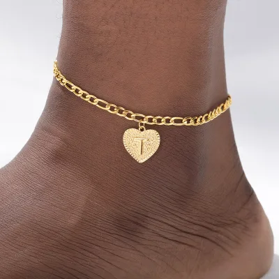 Anklet 26 Capital Letters Stainless Steel Gold Plated Chain Anklet Heart Copper Pendant Women's Gift Jewelry