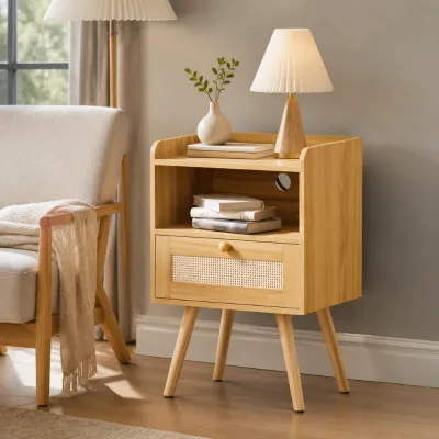 Mid Century Modern Nightstand with Rattan Drawer MDF Wood Legs Cane Front Storage Bedside Table Minimalist Bedroom Furniture
