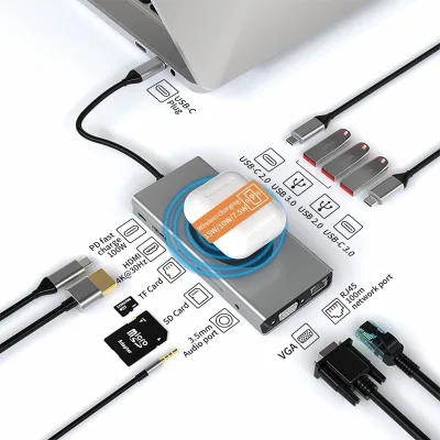 Docking Station 13 in 1 Hub Adapter TYPE C to USB3.0*2+USB2.0+PD+RJ45+HD-MI+Audio+VGA+TF+SD Slot+UCB-C DATA*2+Wireless Charger