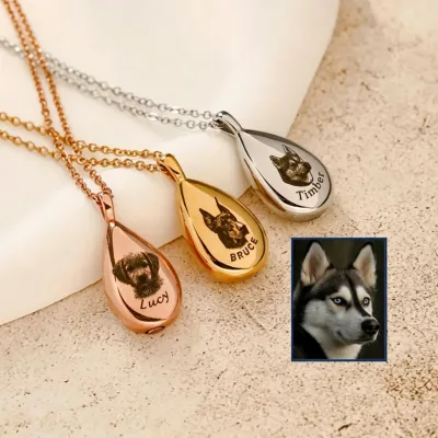 QIUHAN Engraved Name & Portrait Waterdrop Pendant Stainless Steel Ashes Holder Anniv My Love Gift Custom Pet Urn Necklace
