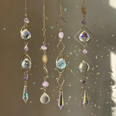 Dreamy Amethyst Sun Moon Star Light Catcher, Elegant Garden Hanging Ornament
