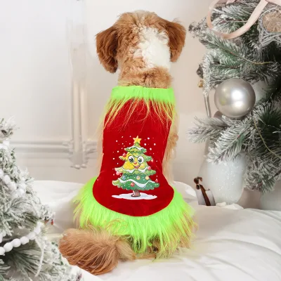 Dog Christmas New Green Hairy Weird Dress up Cute Dog Tank Top Gold Velvet Fabric Pet Clothes