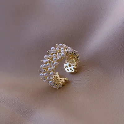 Fashion Jewelry Rings 14K Gold Plated Ring Adjustable Zircon Leaf Ring for Women