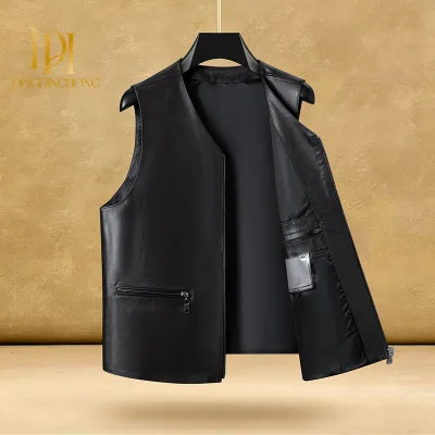 Men's Zipper Genuine Top Grain Cowhide Vest Fashion Casual Sleeveless Waistcoat Middle Aged Elderly Dad Spring & Autumn
