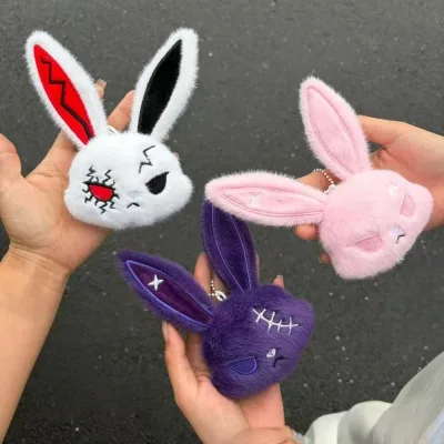 Wholesale Plush Dark Rabbit Head Stuffed Animal Keychain Easter Halloween Gift Bag Pendant Soft Dark Furry Bunny Bag Charm
