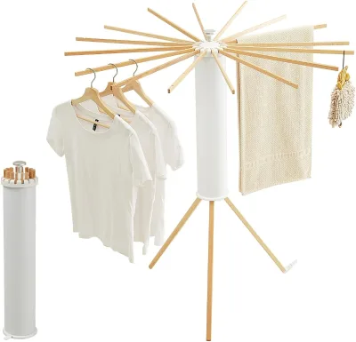2026 Foldable Detachable Bamboo Wooden Floor Standing Single Tier Clothes Drying Rack Tripod Laundry Hanger