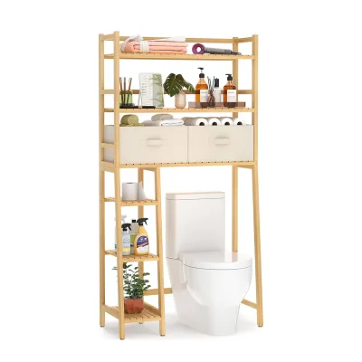 Toilet Storage Shelf with 2 Fabric Drawers Bamboo Storage Shelf Above Toilet Bowl with Toilet Paper Holder