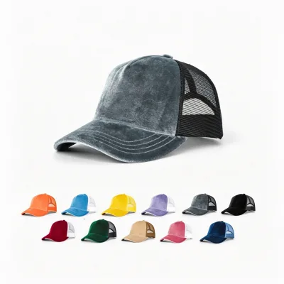 Custom Embroidery logo 5-Panel Velour Mesh Blank Trucker Hat Casual Velvet Curve Brim Baseball Cap for Men and Women