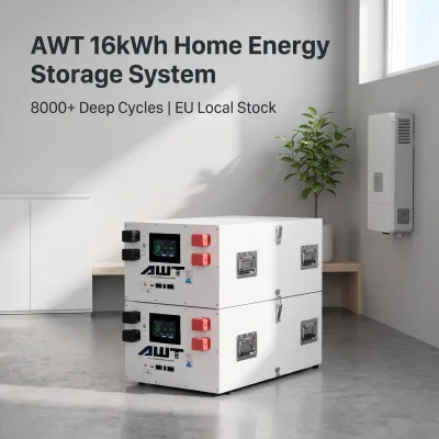 EU Stock AWT Stackable Horizontal 16kWh 51.2V 314Ah LiFePO4 Battery Pack 8000+ Cycles for Solar System JK 200A BMS CAN & RS485