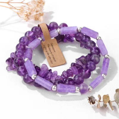 3PCS / Set Natural Stone Couple Bracelet Amethyst Gemstone Beaded Bracelet En or