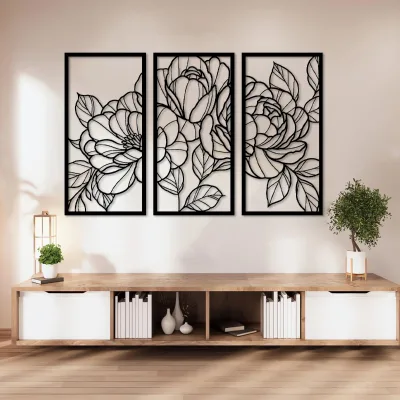 Minimalist Art Wall Decor Floral Gold Flower Art Wall Decor Modern Abstract Flower Wall Art Wood Line Drawing 3pcs Hanging