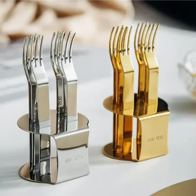 Premium Simple 304 Stainless Steel Gold 6-Piece Pastry/Cake/Dessert/Fruit Fork Set with Stand for Wedding Favors