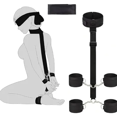 Bestco Red Neck Wrist Back Collar Restraints Kit Handcuffs Ankle Cuffs Blindfold Adjustable for Bondage Couples Bed SM Game