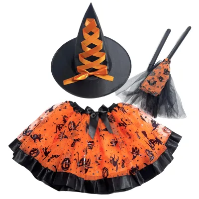 Halloween Pumpkin Skull Tutu Skirt Girl's Wizard Hat Cosplay Princess Top Children's Party Outfit Carnival Costume Set