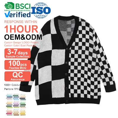 Custom Knitted Plaid Sweater Fashion Men V Neck Sweater Cardigan Sweaters Coat Men