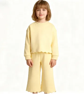 Girls Boutique Clothing Sets Solid Color Casual Wide Leg Pants with Scallop Bottom Hem Long Sleeve Sweatshirt