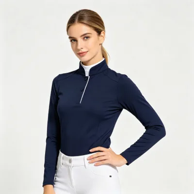 Women's Navy Equestrian Polo Shirt Mock Neck Button Placket White Piping Breathable Mesh Riding Competition Top OEM Custom
