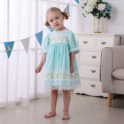 Summer New Solid Girls Dress Short Sleeve Lace Princess Puff Sleeve Ruffle Knee-Length Mint Green Dresses for Girls