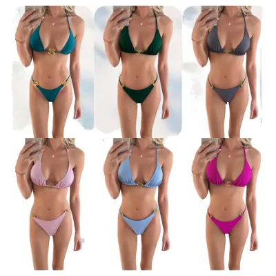 STOCK Handmade Solid 3Colors Rings Details Women 3Pieces Swimwear Triangle Top Cheeky Bikini Short Set Drawstrings Beach Short