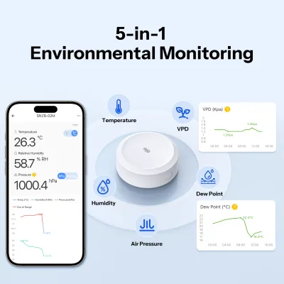 For Sonoff SNZB-02M AirGuard TH Zigbee 3.0 Temp Humidity Air Pressure Sensor 5-in-1 Monitor Dew Point VPD PC App Control