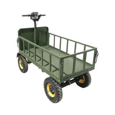 Hot Selling Stand-On Electric Four-Wheel Steel Platform Cart 1000KG Load Guardrail Farm Warehouse Shopping Tools