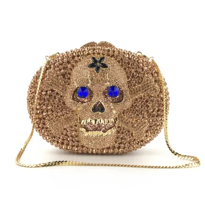 OC3913 Halloween Skull Painted Rhinestone Evening Bag with Acrylic Chain and Sparkling Sequins for Formal Event