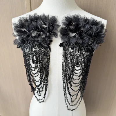 RYL Black Beaded Tassel Shoulder Piece Mesh Flower Shoulder Decoration