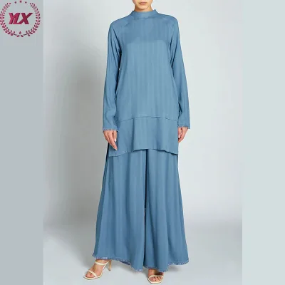 2023 New Design Lightweight Crepe Fabric Smog Blue Trousers Top Blouse Summer Muslim Women Two Piece Set Suit