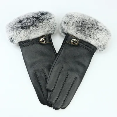 Wholesale Warm Genuine Leather Mittens With Luxury Rex Rabbit Fur Cuff Cycling Windproof Women Winter Motorcycle Gloves Leather