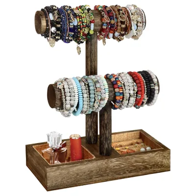 Necklace Storage Organizer Stand Jewelry Bracelet Holder 2 Tier Wooden Display Jewelry Stand