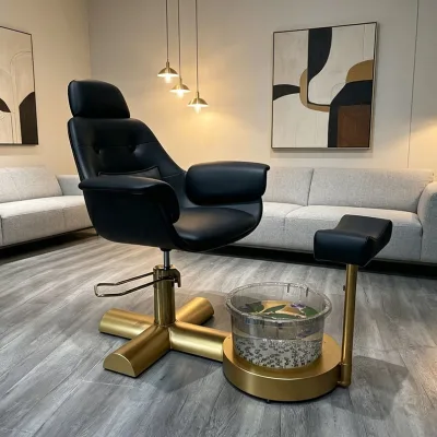 Luxury Gold Base Hydraulic Barber Chair Black PU Pedicure Chair Clear Glass Foot Tub Modern Salon Hair Washing Pipeless Ceramic