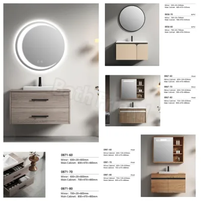 Minimalist Natural Wood Floating Bathroom Cabinet Round Backlit LED Mirror Solid Wood Double Storage Drawers Wall Hung Vanity