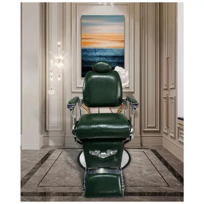 Modern Luxury Heavy Duty Portable Leather Barber Chair Durable Green Silver Reclining Eco-Friendly Salon Modeling Chair
